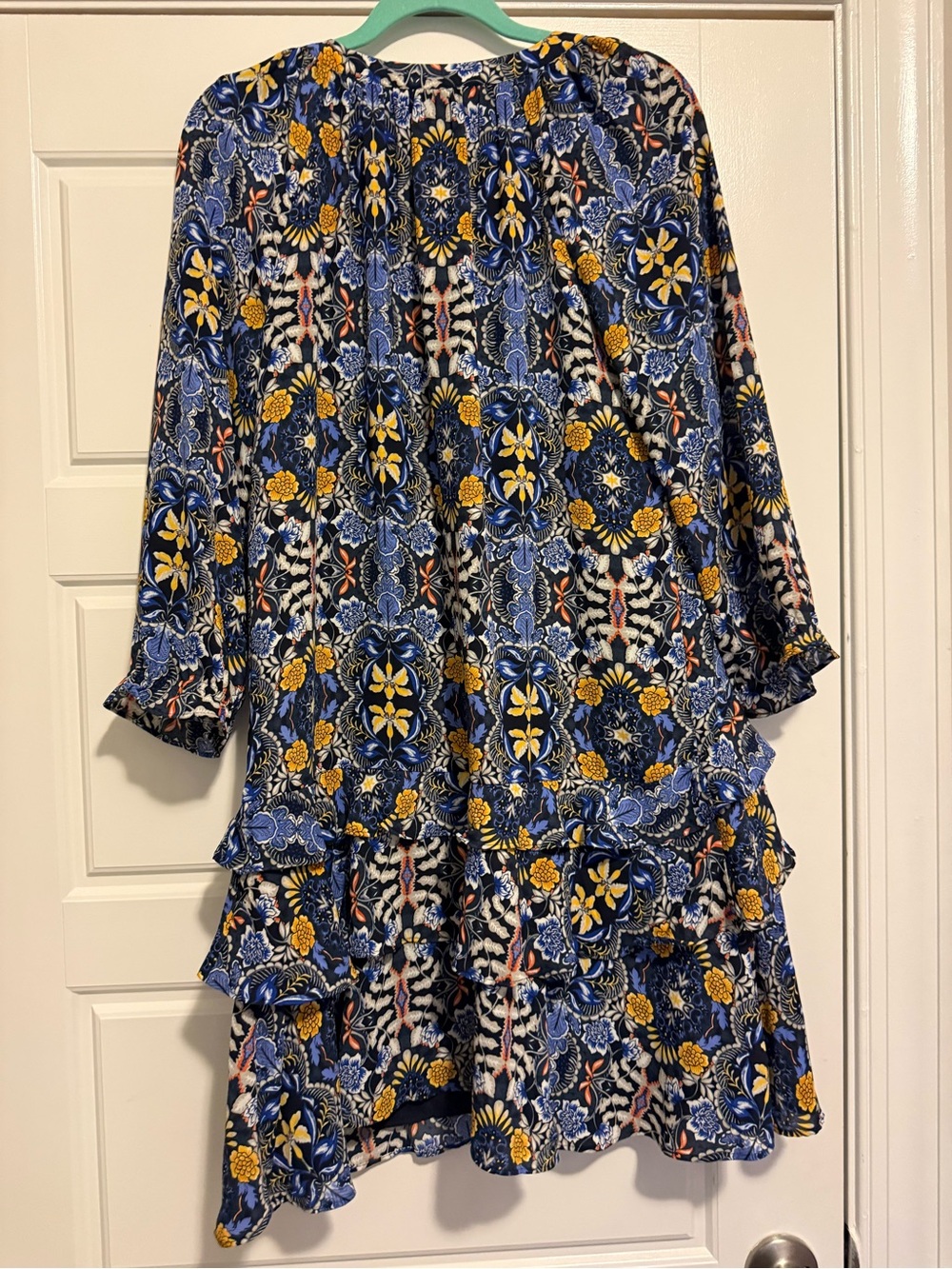 LOFT Floral Tiered Ruffle Dress Size Medium Navy Blue Boho - Picture 2 of 5
